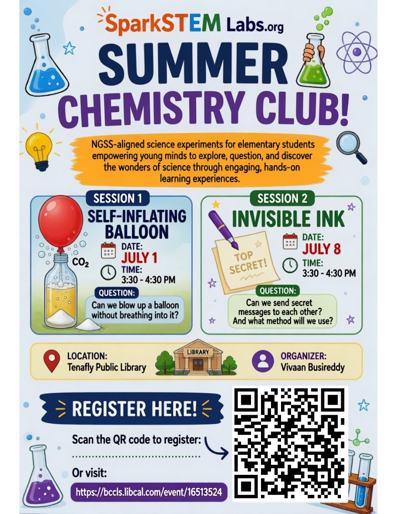 SparkSTEM Labs Summer Chemistry Club flyer: sessions July 1 and July 8 at Tenafly Public Library